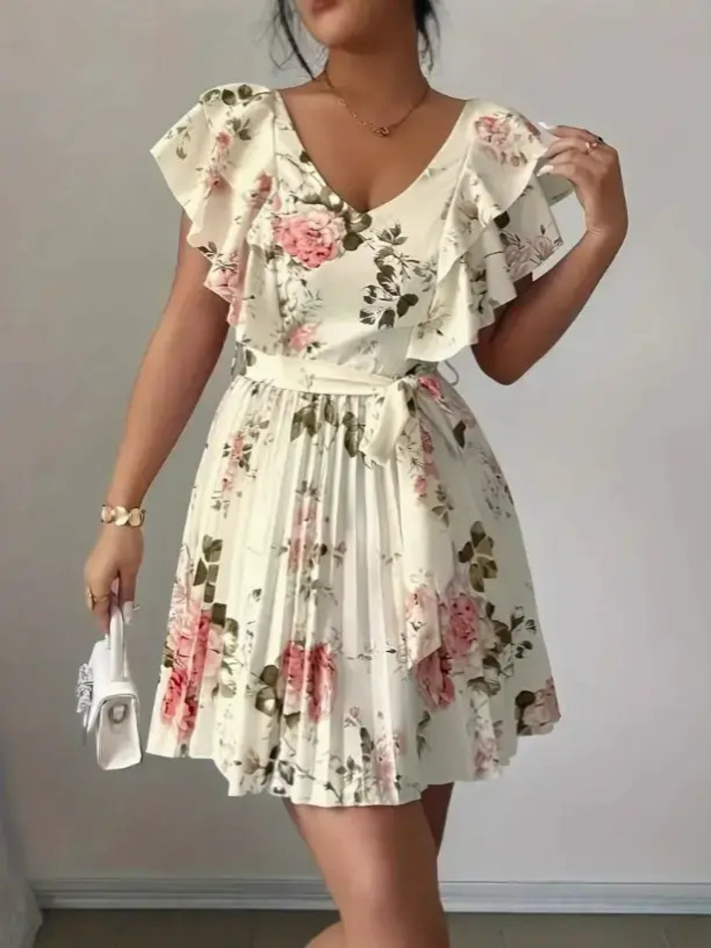 Zara Summer Floral Print Collared Ruffled Pleated Plus Size Short Dress